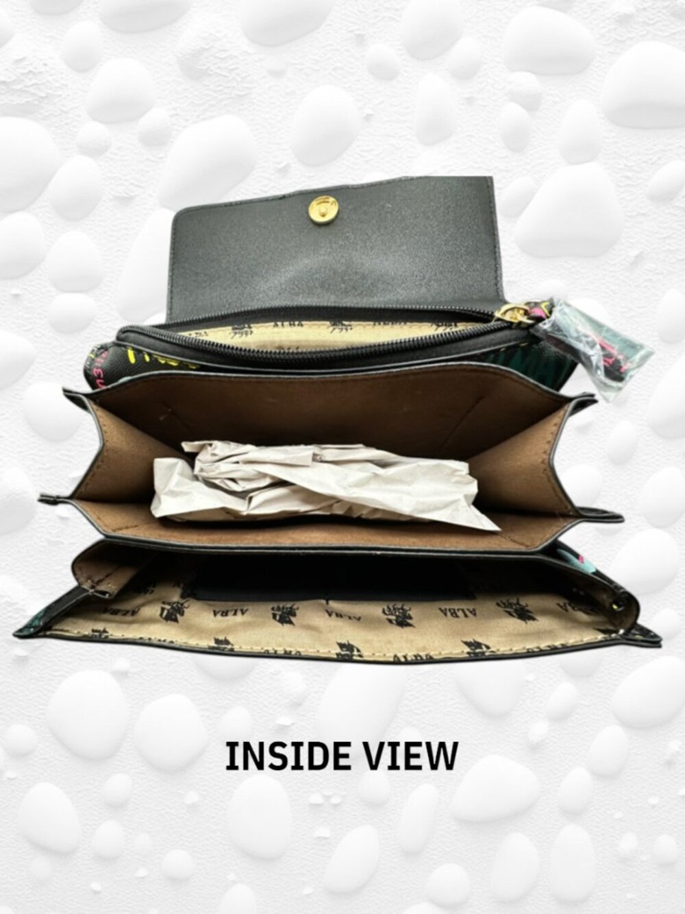 DOUBLE THE DRAMA — BROWN or BLACK Graffiti Queen Bee Square/Crossbody Bag NWT - Picture 8 of 9